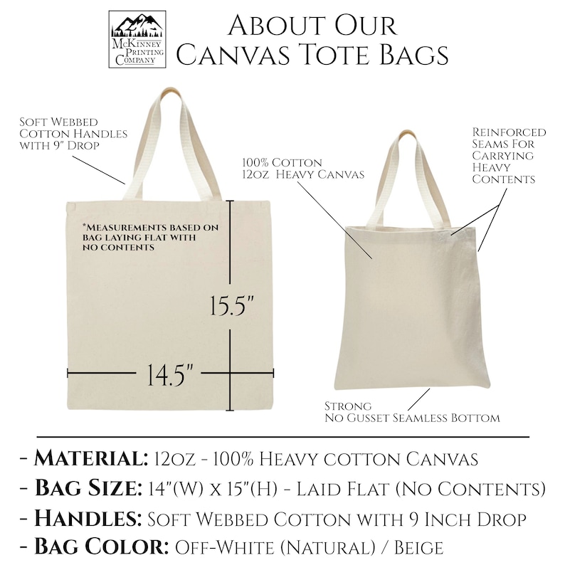 May include: A white canvas tote bag with reinforced seams and a strong, seamless bottom. The bag measures 14 inches wide by 15 inches high and has soft, webbed cotton handles with a 9-inch drop. The bag is made of 12-ounce 100% cotton canvas and is available in off-white (natural) or beige.
