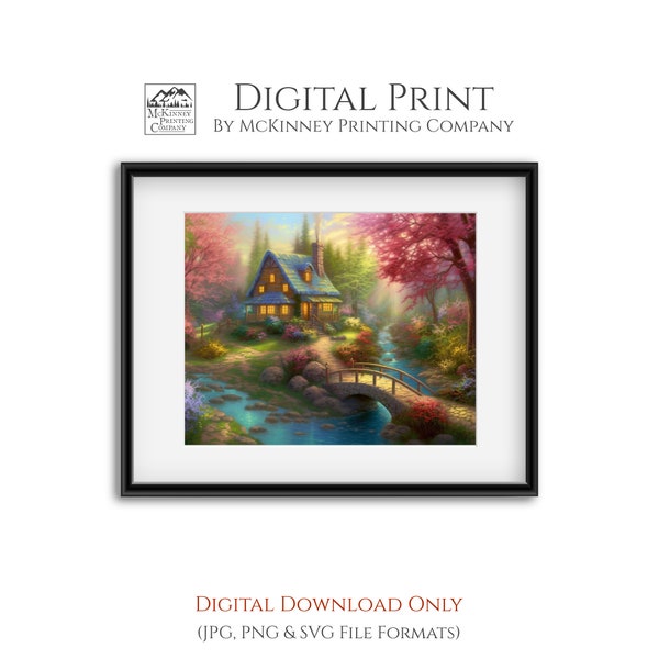 Thomas Kinkade, Style, Painting, Spring, Forest, Nature Scene, Printable, svg, jpg, png, Digital Print, Download, DIY, Wall Art, Clipart