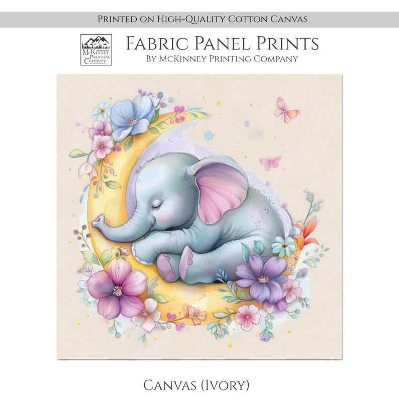 May include: A watercolor painting of a baby elephant sleeping on a crescent moon. The moon is surrounded by pink, purple, and yellow flowers. The background is a light beige color.