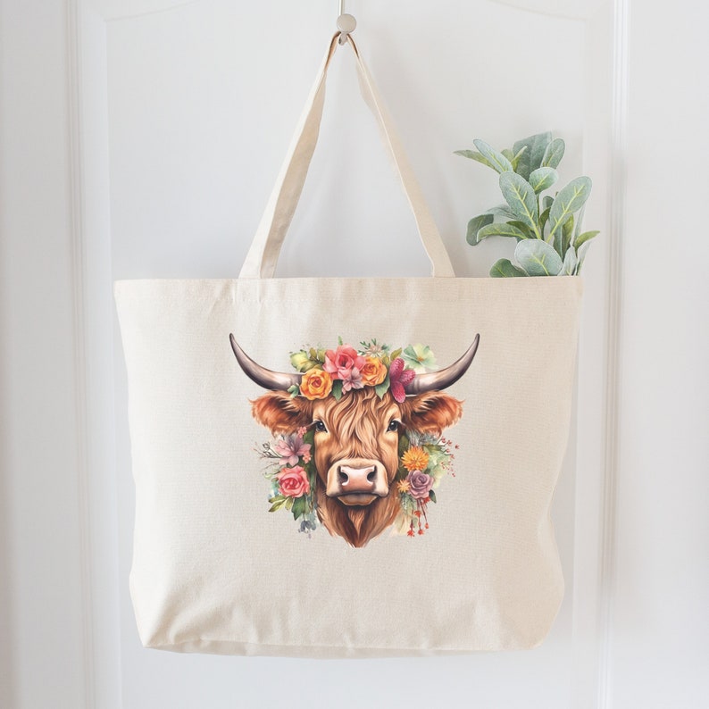 Fabric Shoulder Bag, Highland Cow Print, Farmers Market, Grocery ...