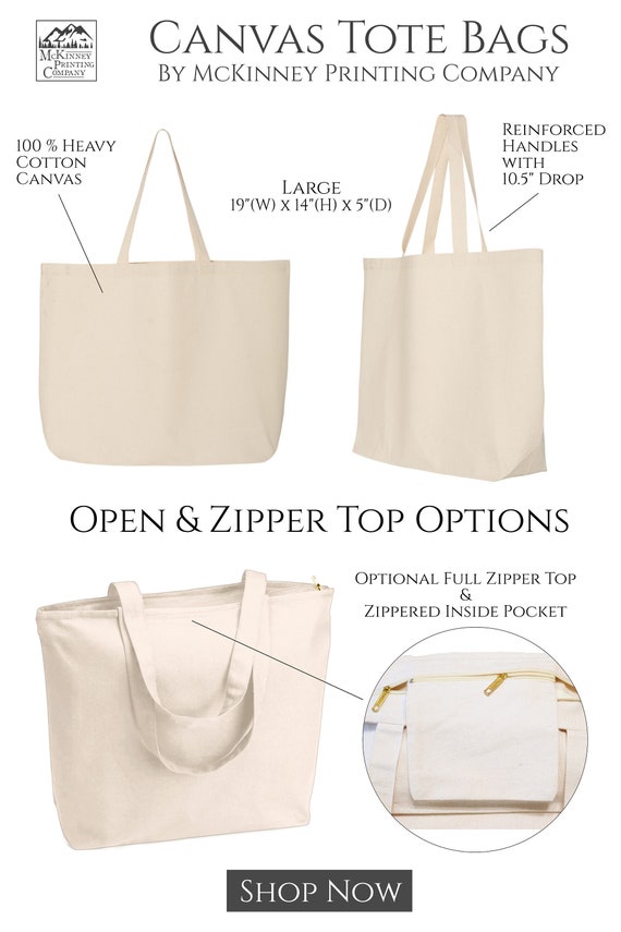 Large Cotton Canvas Zippered Tote Bag