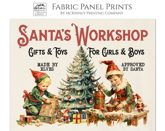 May include: A vintage-style illustration of Santa's Workshop with elves making toys. The text reads "Santa's Workshop, Gifts & Toys for Girls & Boys, Made by Elves, Approved by Santa".