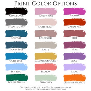 Puede incluir: Un gr&aacute;fico que muestra 18 opciones de color diferentes para imprimir. Los colores est&aacute;n dispuestos en tres filas de seis colores cada una. Los colores son: Negro carb&oacute;n, Rosa polvoriento, Fucsia, Gris granito, Melocot&oacute;n claro, Rojo caramelo, Azul marino, Oro rosa, &Oacute;xido, Azul vaquero, Latte, Vino, Azul acolchado, Oro de medall&oacute;n, Violeta, Azul cielo, Salm&oacute;n, Lila, Verde bosque, Pistacho y Naranja de oto&ntilde;o. El texto en la parte inferior del gr&aacute;fico dice: "*LOS COLORES DE IMPRESI&Oacute;N REALES PUEDEN VARIAR SEG&Uacute;N LA CONFIGURACI&Oacute;N DE LA PANTALLA Y LAS CONDICIONES DE VISUALIZACI&Oacute;N"