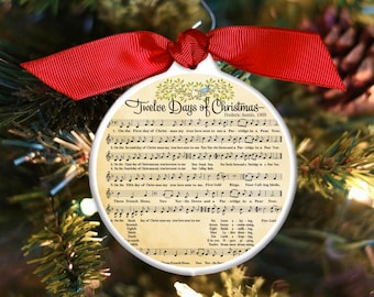 Adornos navideños de los 12 días, partituras, partituras antiguas, personalizadas, himnos, regalos, canciones, letras, decoración, doce días, Navidad