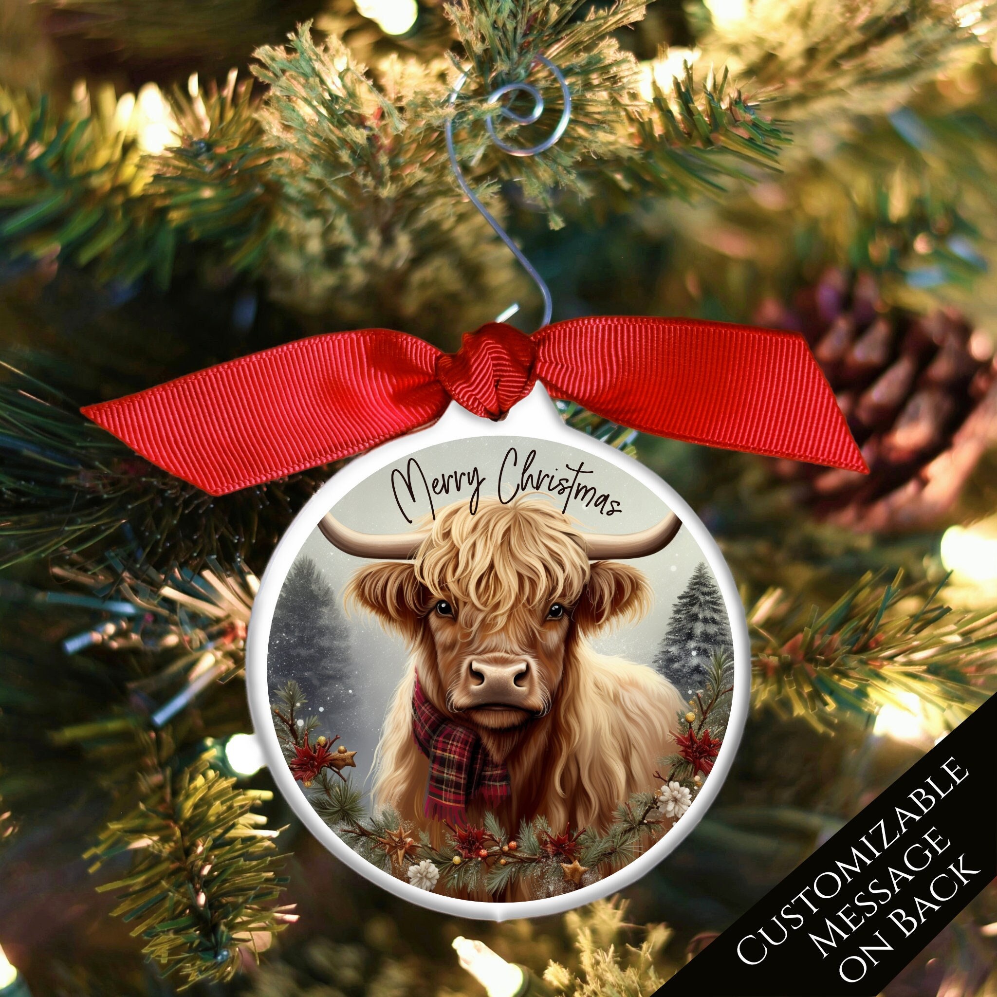 Figurine Vache Highland De Noël En Résine – Décor écossais Avec Chapeau Père Noël, Cloche, Bonbons – 10cm Environ - 10