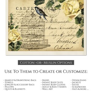 May include: A vintage postcard with a bird in a cage and yellow roses. The postcard has handwritten text in French and English. The text reads "Carte Postale" and "Chez M. Lebay Touques Catrados". The image is for fabric panel prints, available in cotton or muslin.