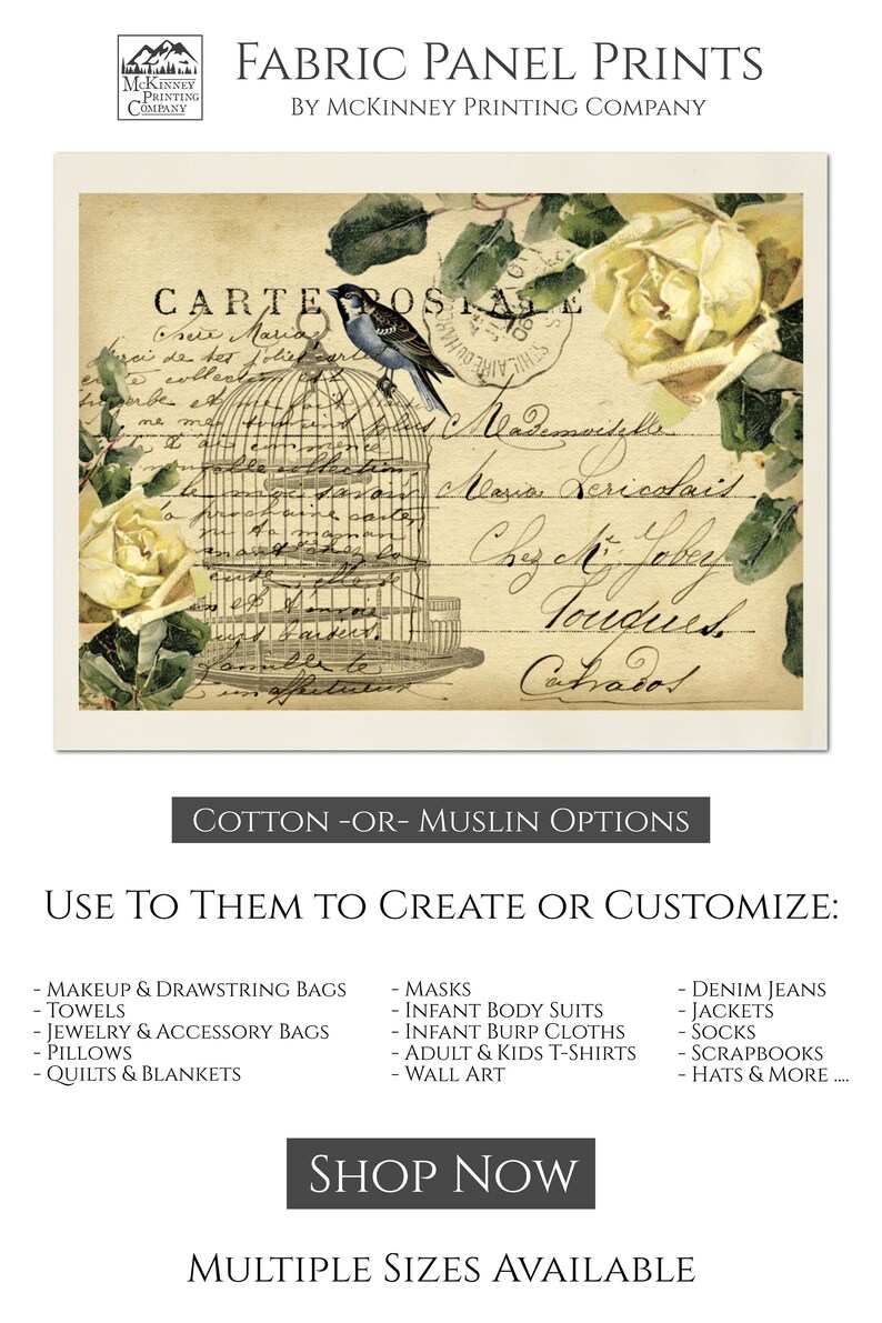 May include: A vintage postcard with a bird in a cage and yellow roses. The postcard has handwritten text in French and English. The text reads "Carte Postale" and "Chez M. Lebay Touques Catrados". The image is for fabric panel prints, available in cotton or muslin.