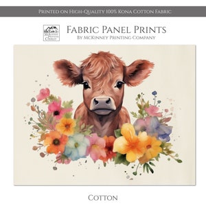 Highland Cow Print, Farm, Floral, Calf, Animal, Wall Art, Large Print Fabric, Fabric Panel, Block Print, Cotton, Muslin, Quilting, Quilt