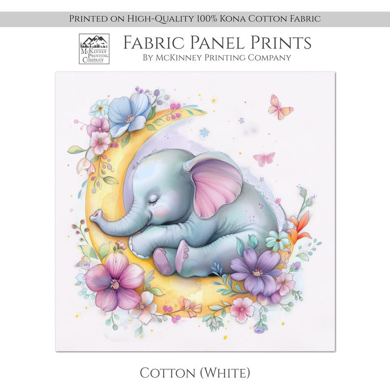 Elephant Fabric, Baby Fabric Panels, Nursery, Wall Art, Sewing, Quilt, Quilting, Floral, Moon, Flower, Blanket, Pillow, Shower Gift
