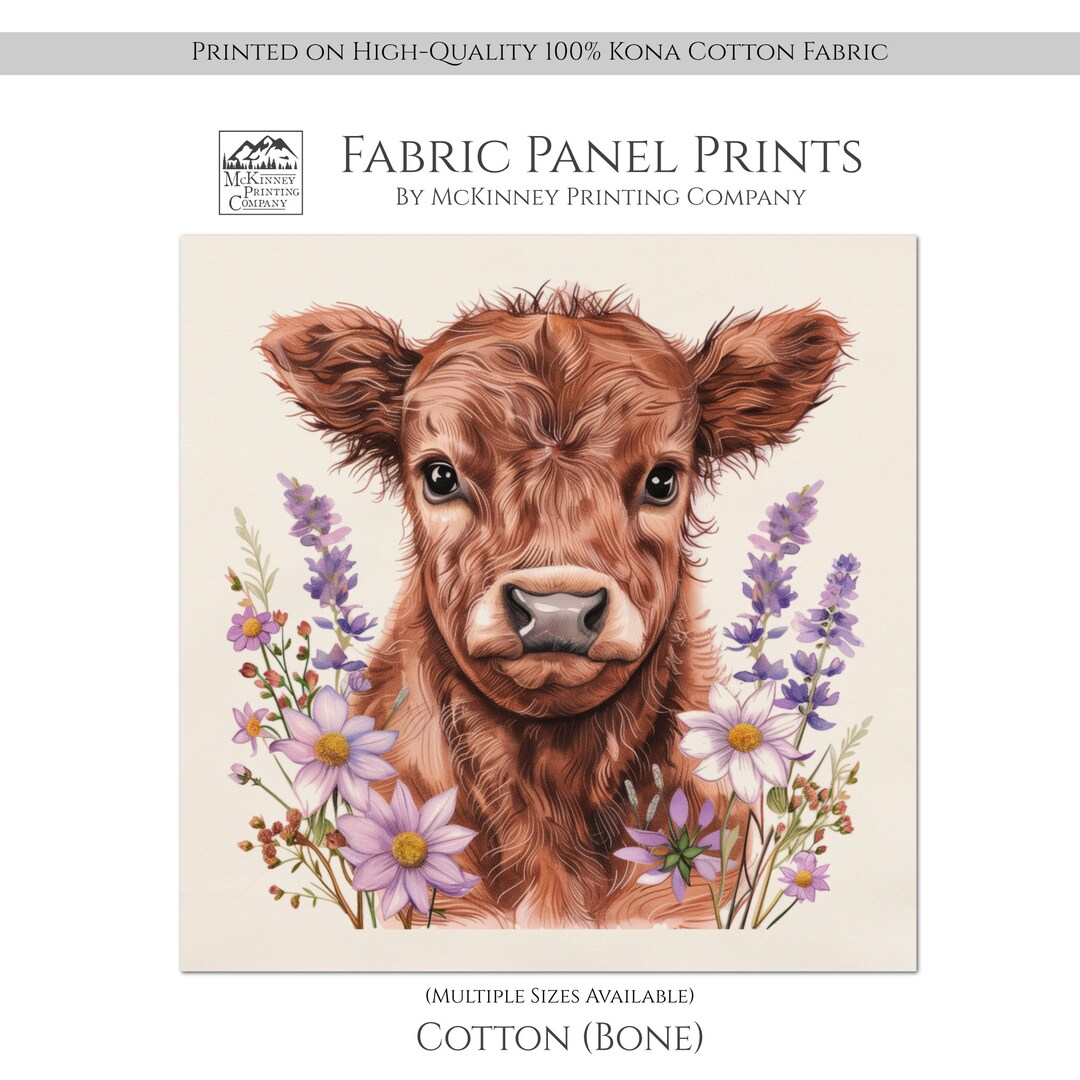 Cow print fabric highland cow print lilac farm floral canvas wall
