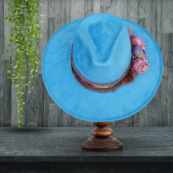Blue Wide-Brim Hat with Decorative Band Still Trending | Wide Brim Panama Felt Fedora Hat with Band  main image 2