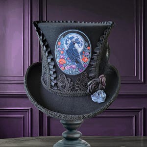 Black Top Hat with Raven Applique