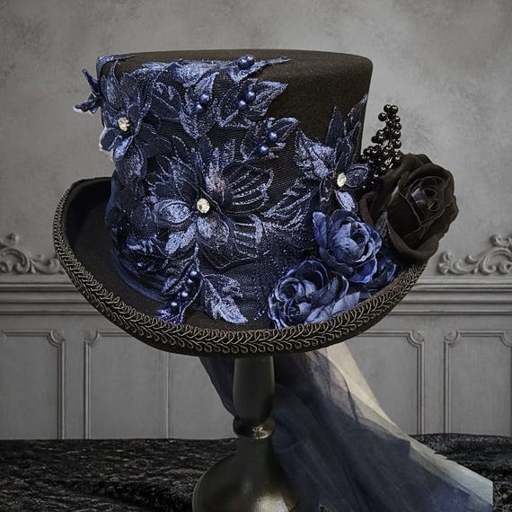 Black Top Hat with Navy Blue Lace and Rhinestones