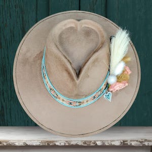 Otter Brown Heart Crown Vegan Suede Fedora, Boho Wide Brim Hat
