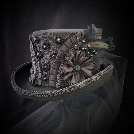 Elegant Black Top Hat With Lace and 