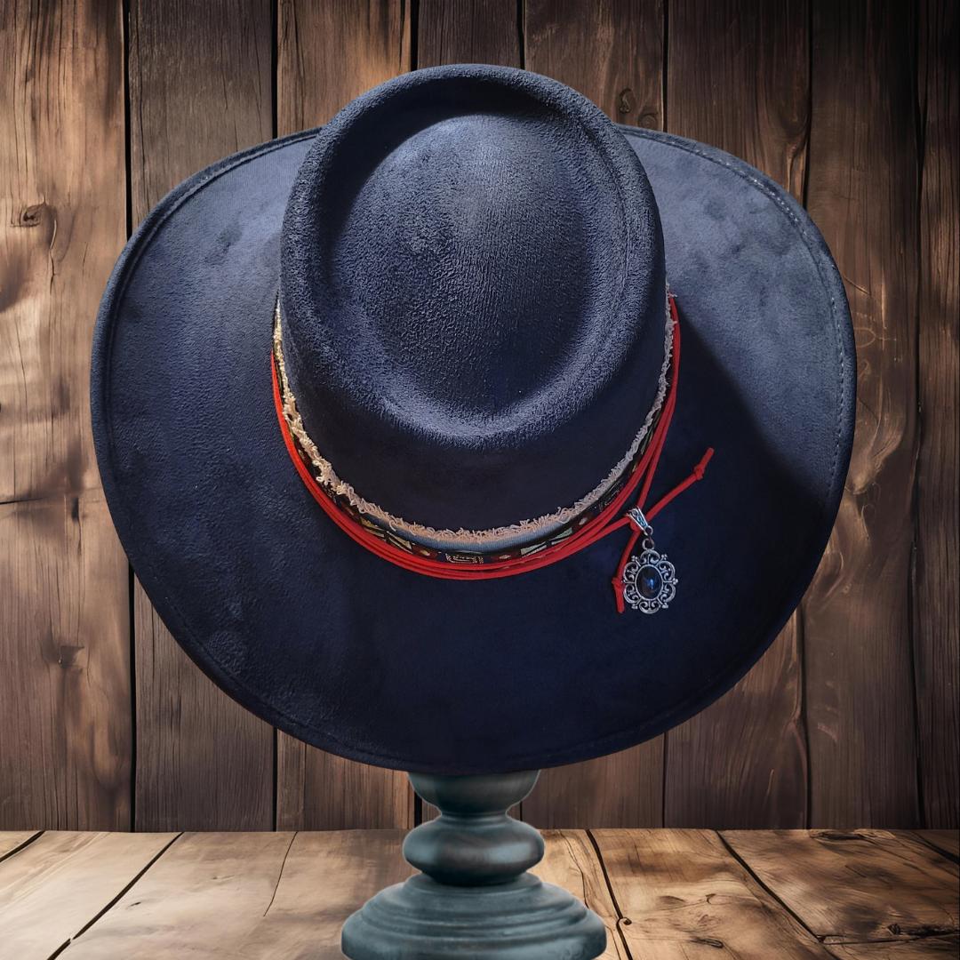 Hats N Roses Navy Vegan Suede Wide Brim Fedora Hat Tassel Boho Western M Hand Burned Floral Wide Brim Hat: Vegan Suede Blue Fedora - Etsy main image 2
