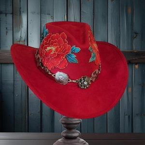 Red Cowboy Style Fedora, Vegan Suede Hat