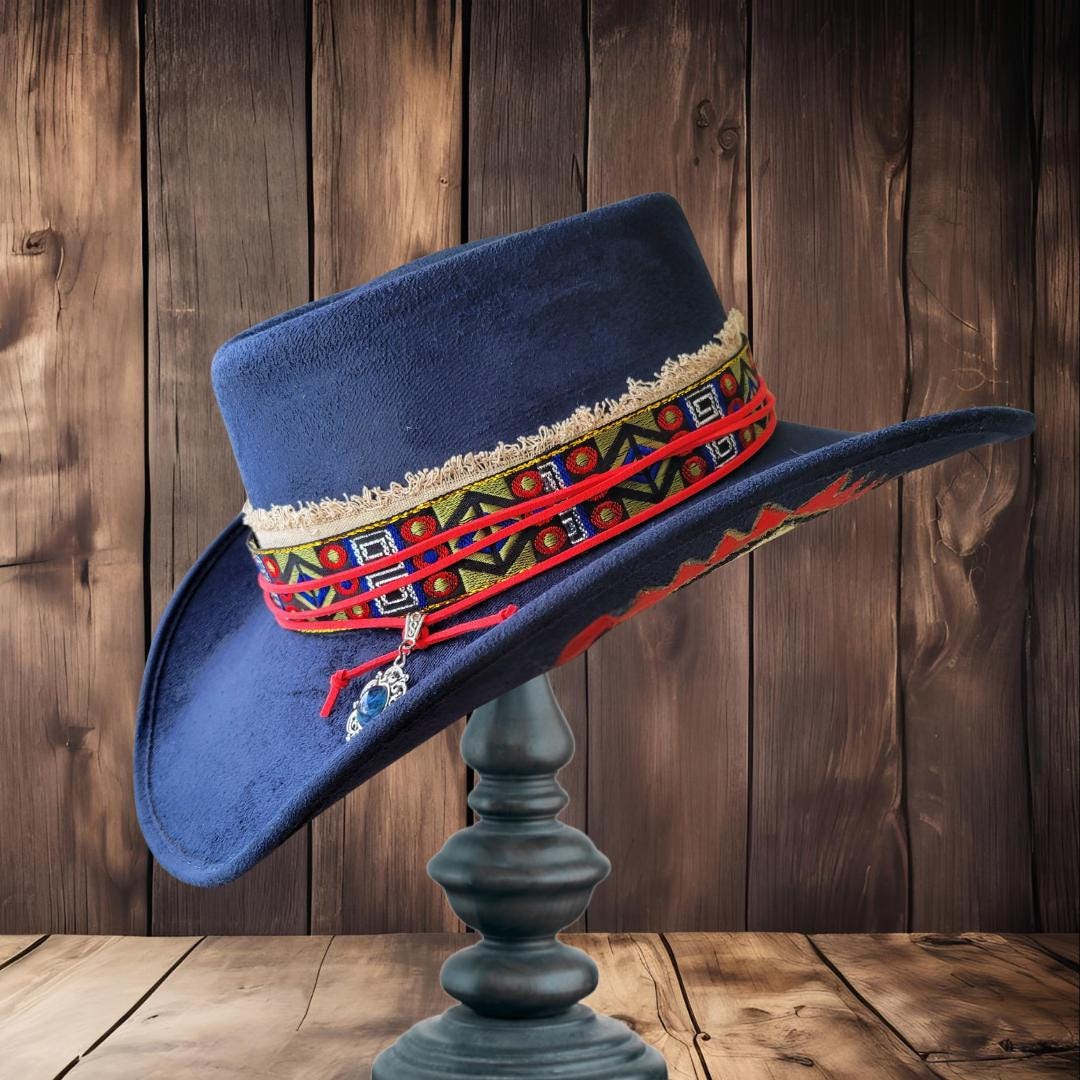 Navy Blue Cowboy Style Fedora With Painted Underbrim, Vegan  display picture 3