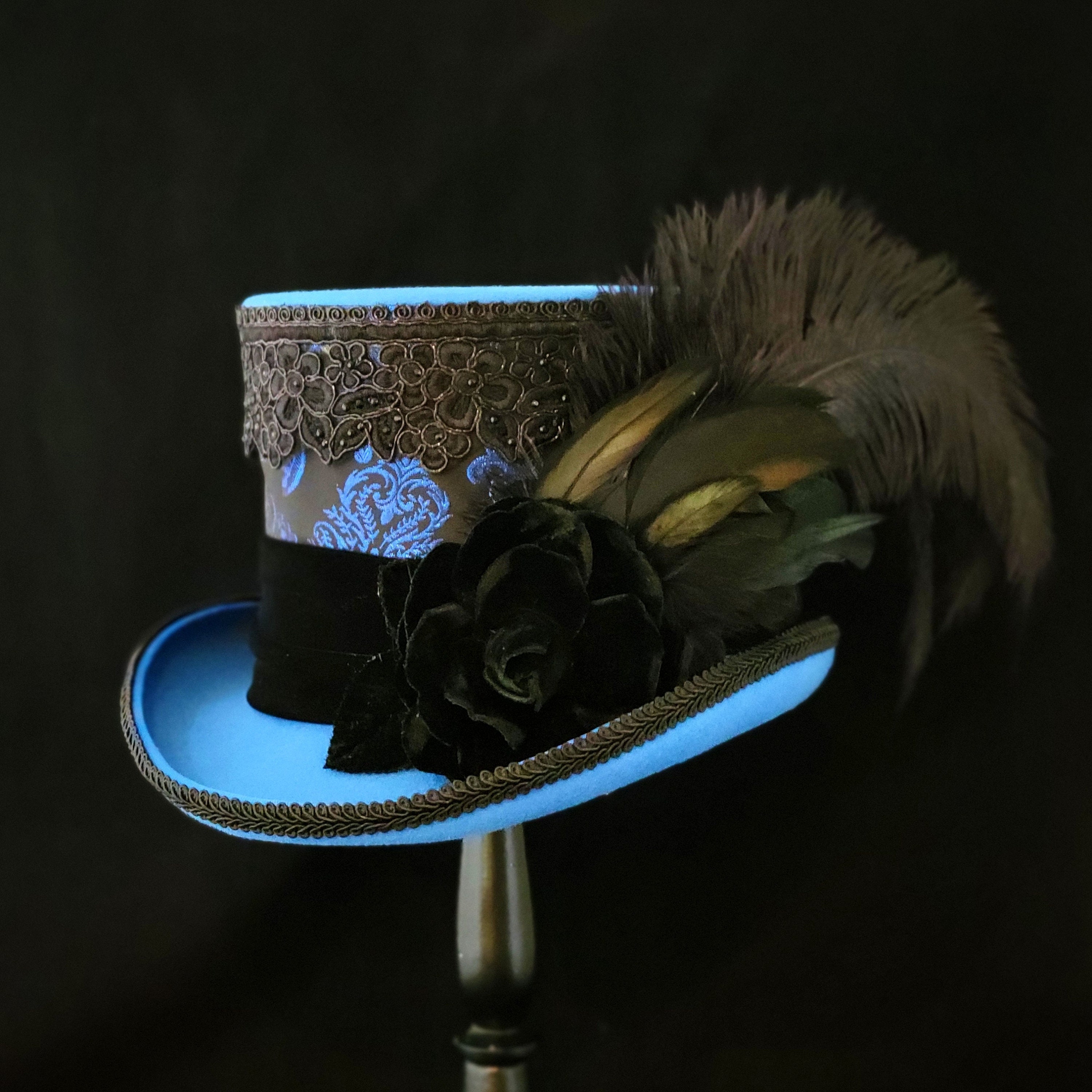 Bubbles and Frown Royal Blue and Black brocade skull mini top hat Voodoo Black Brocade Top Hat - Eventeny main image 3