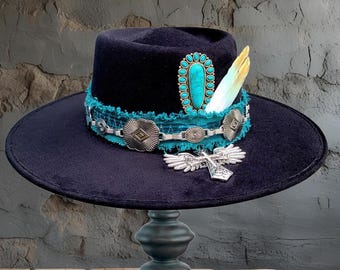 Navy Blue Cowboy Style Fedora With Painted Underbrim, Vegan  display picture 2