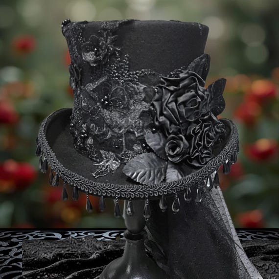 Black Top Hat With lace and beads