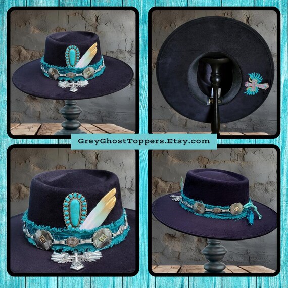 Teal & Black Wide-Brim Decorative Hat Handcrafted Teal Blue Suede Wide Brim Fedora Hat – Freehand  main image 2