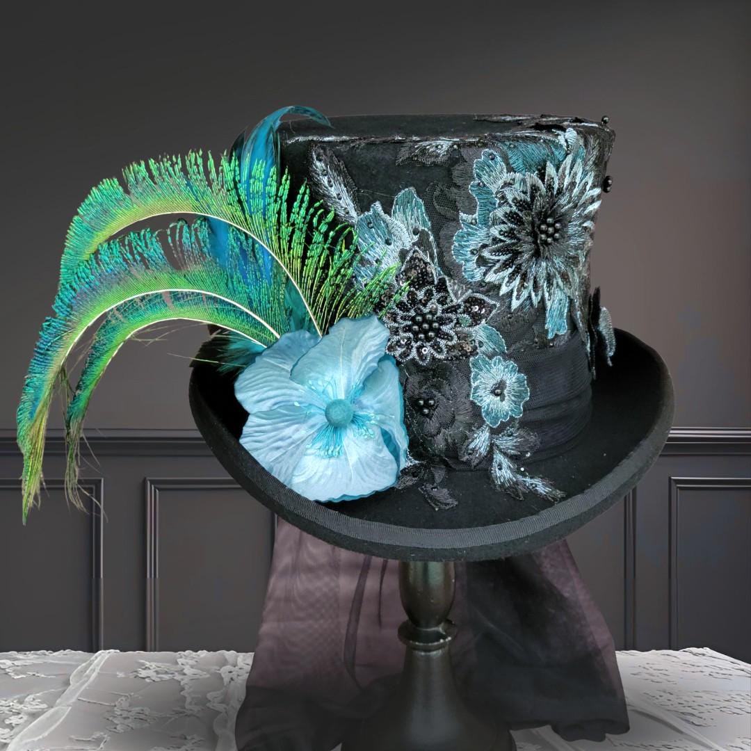Elegant Teal and Black Women\'s Hat Baroque Mini Tricorn Hat,teal Marie Antoinette Hat With  main image 3
