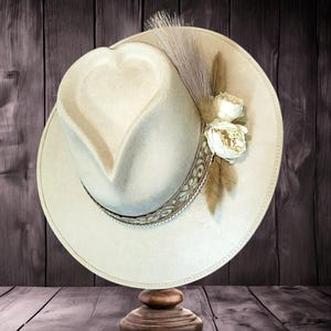 Ivory Heart Crown Vegan Suede Fedora, Boho Wide Brim Hat
