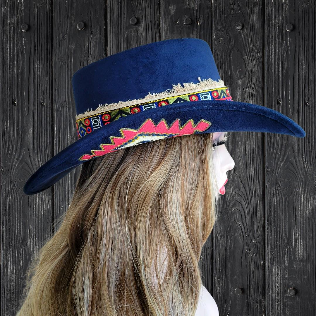 Navy Blue Cowboy Style Fedora With Painted Underbrim, Vegan  display picture 3
