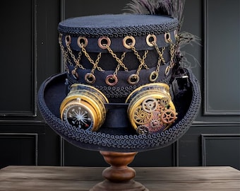 Black Steampunk Top Hat with Goggles