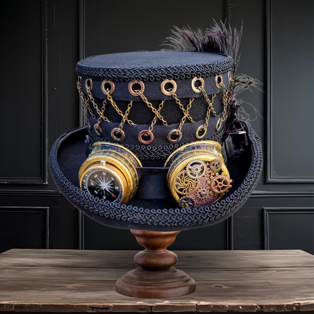 Brown Steampunk Top Hat With Goggles And Metal Spikes