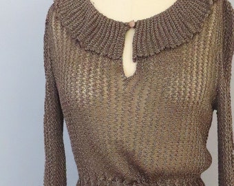1970s Crochet Dress Set: Mary Farrin Brown Sheer Midi, Medium