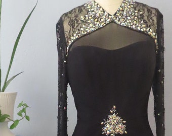 Vestido formal de encaje con cuentas Y2K: vestido formal de punto metalizado negro, talla mediana