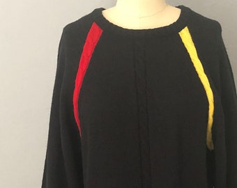 1980s black cable knit sweater dress | size large | slouchy sweater 80s preppy sweater dress fall sweater dress knit dress black yellow red
