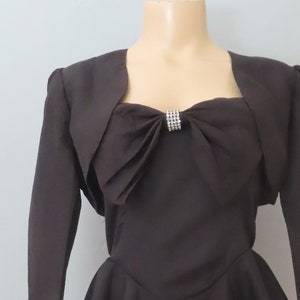 Vintage 80s Black Cocktail Dress with Bolero Jacket - Rhinestone Bow, Size Small