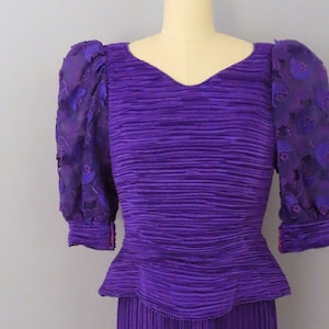 1980s George F. Couture purple pleated formal dress | size medium | 80s cocktail dress evening wear holiday dress puffy sleeve formal dress