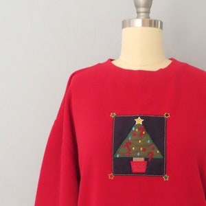 1990er Jahre Vintage Weihnachtspullover | großes XL | rotes farbenes olivgrünes Party Top ugly xmas party T-Shirt