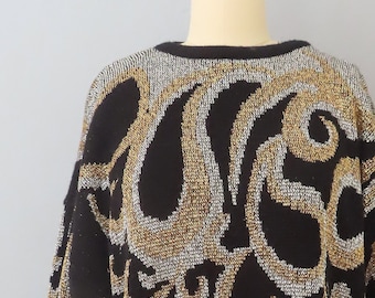 1980s Metallic Paisley Sweater: Silver Gold Lurex, Oversized Fit