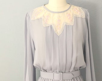 1970s Victorian gray belted midi dress with inset lace collar | size medium | 70s does 40s sheer dress dress secretary dress long sleeve