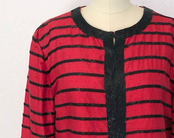 1970s Beaded Silk Cardigan: Red & Black Striped Party Jacket (XL)