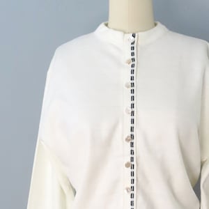 1960s Knit Cardigan Sweater: White Acrylic Button-Up, Size Large