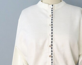1960s Knit Cardigan Sweater: White Acrylic Button-Up, Size Large