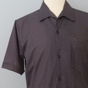1970s buttonup shirt navy polkadot print | mens large | mens rockabilly | mens buttondown | slim fit shirt men