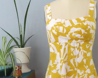 Vestido veraniego de algodón con estampado floral de los años 90: Vestido amarillo y blanco R&K Originals (talla mediana)