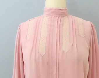 1980s Pink Lace Prairie Blouse: Victorian Cottagecore Top (Medium)
