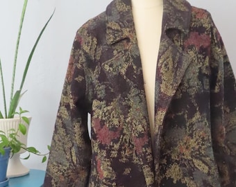 1990s Tapestry Swing Coat: Floral Woven Open Front Jacket (XS-M)