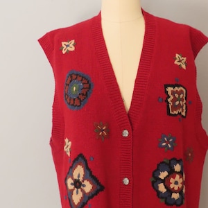 1980s Jantzen Floral Embroidered Sweater Vest - Maroon Red, Large