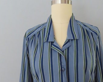 Vintage 70s Striped Blouse: Women's Large, Blue Disco Shirt