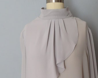 1960s Gray Draped Blouse: Vintage Mock Neck Top, Size Medium