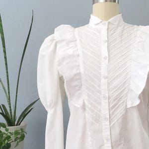 1970s Ruffle Tuxedo Blouse: Vintage Edwardian Cotton Top (S-M)